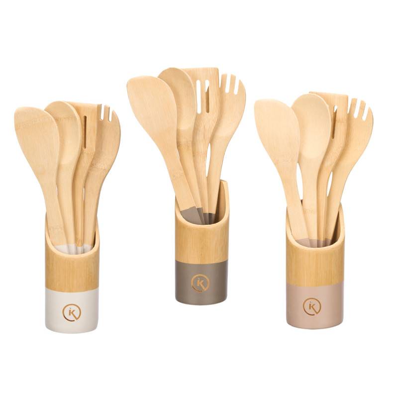 SET 4 UTENSILIOS COCINA SOPORTE BAMBU SURT 3 COL