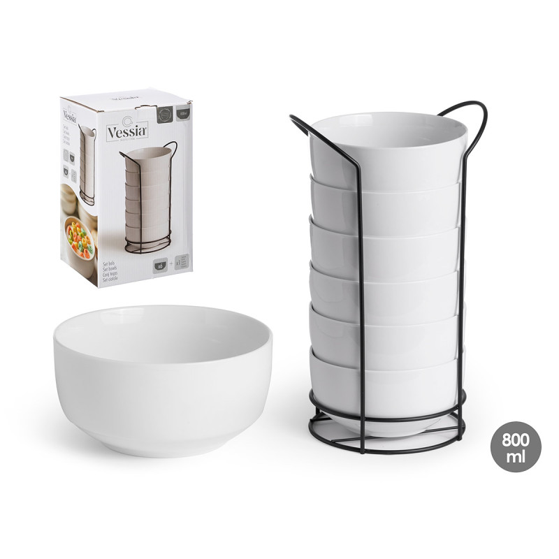 SET 6 BOL REDONDO LISO PORCELANA SOPORTE 800ML