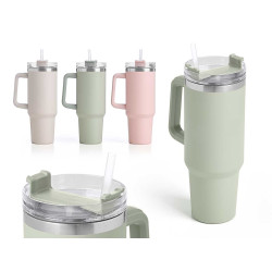 THERMAL MUG 1200ML HANDLE AND STRAW 3 LIGHT COL  
