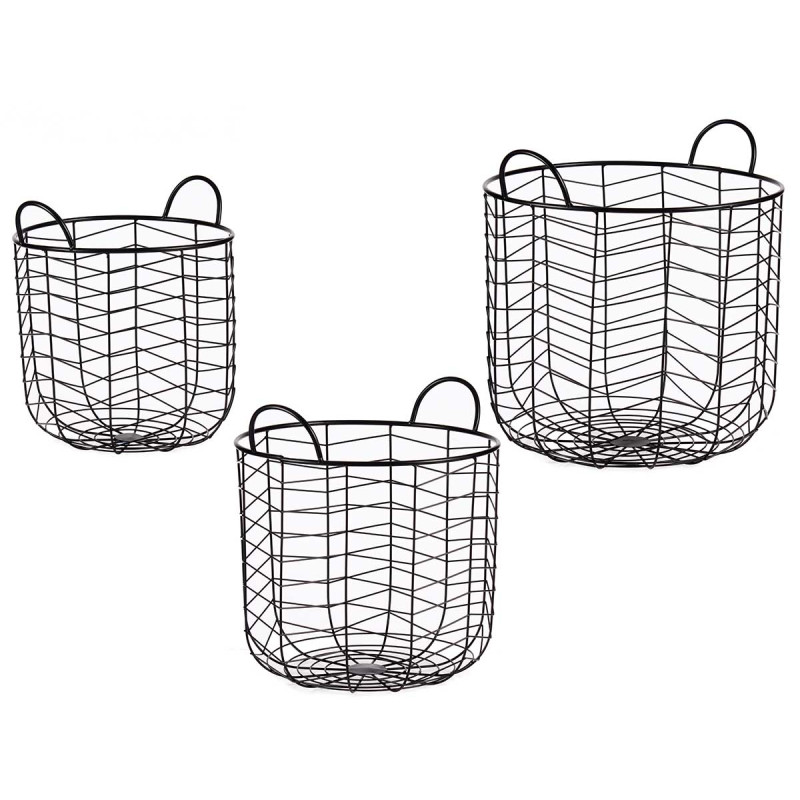 SET 3 CESTI METALLICI ROTONDI NERO CON MANIGLIE