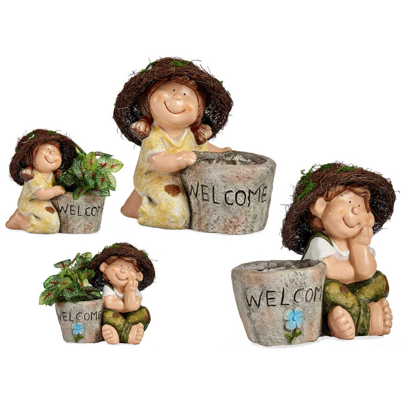 ENFANT POLYRESINE CHAPEAU POT DE FLEUR WELCOM SET2