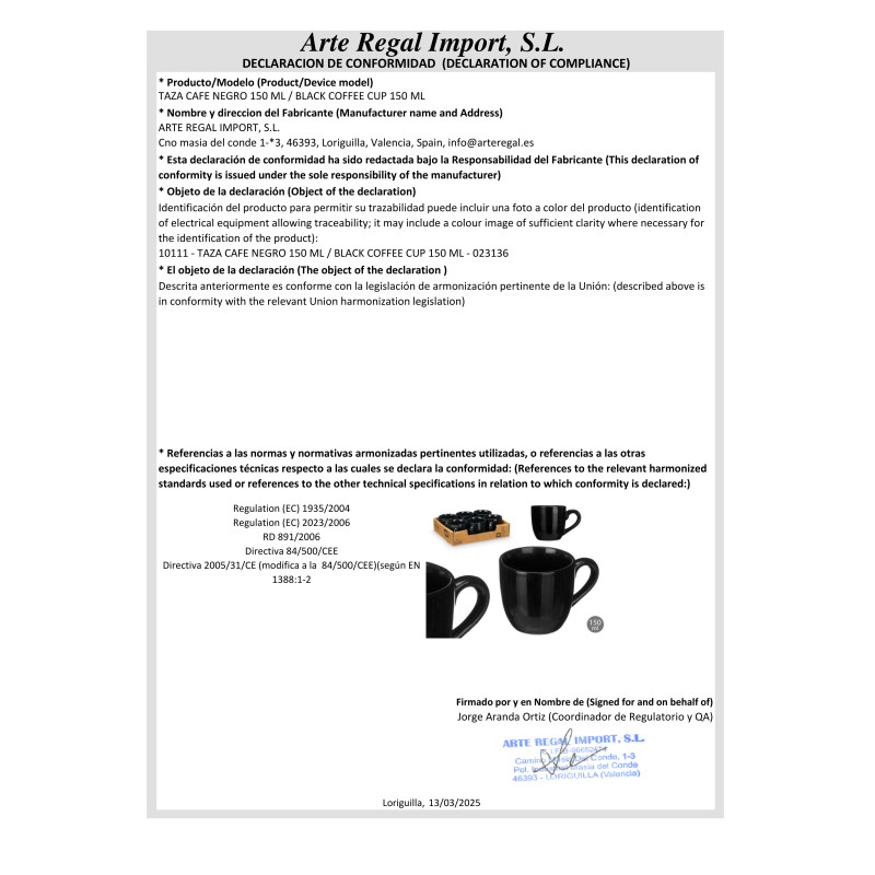 TAZA CAFE NEGRO 150 ML