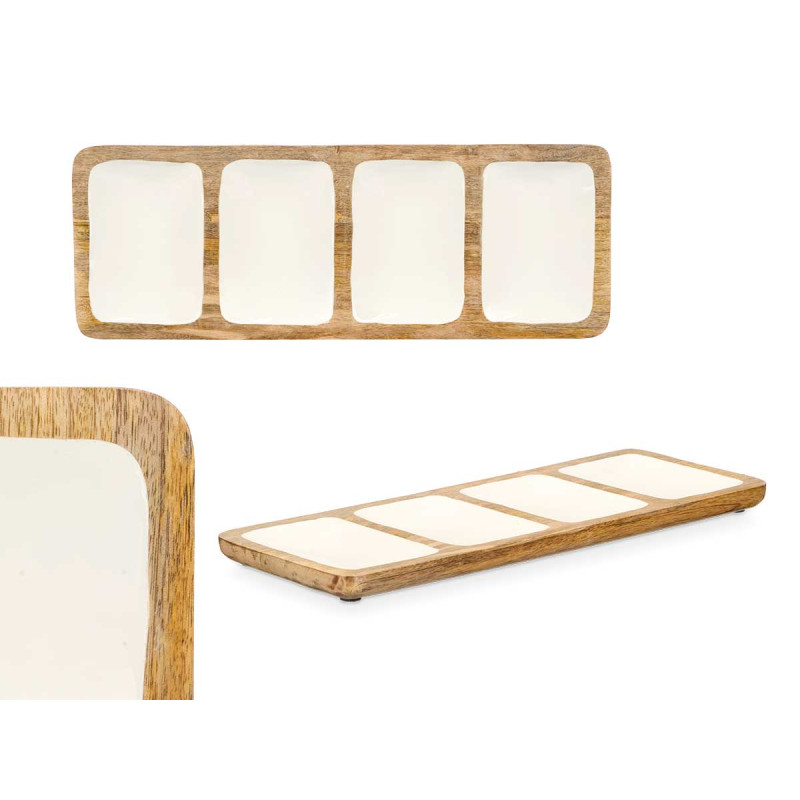 RECTANGUAR TRAY WOOD HANDLE 4 SPACES WHITE