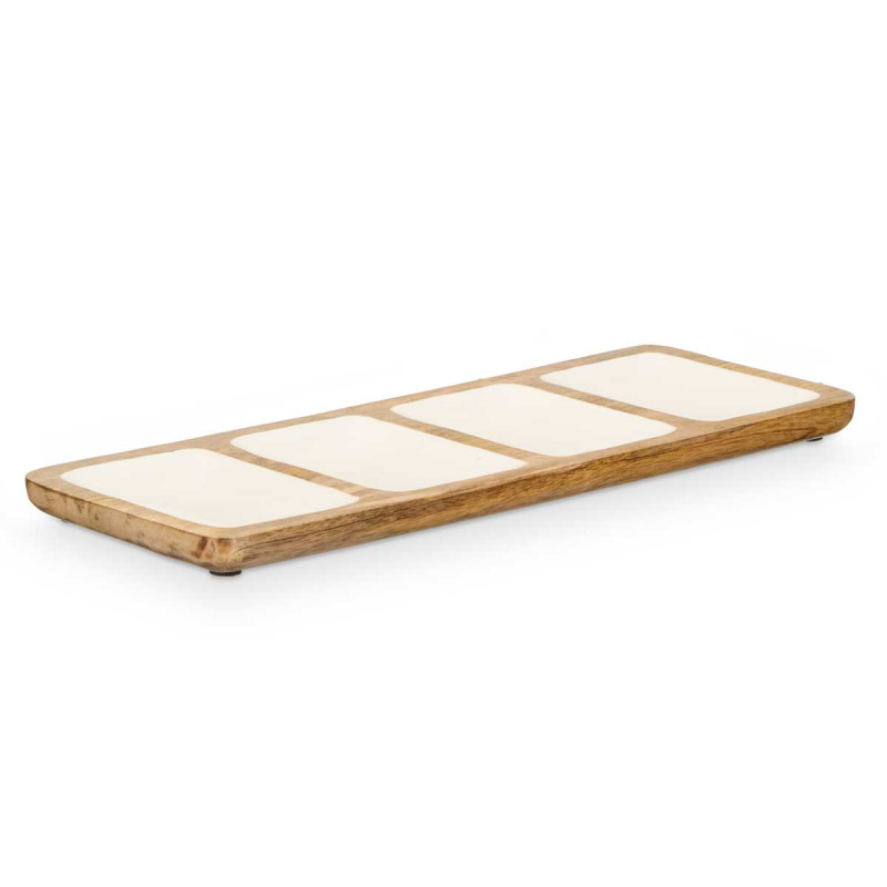 BANDEJA RECTANGULAR 4 ESPACIOS MADERA MANGO BLANCO