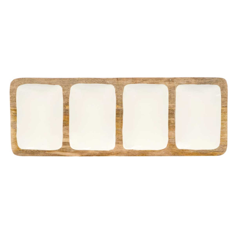 BANDEJA RECTANGULAR 4 ESPACIOS MADERA MANGO BLANCO
