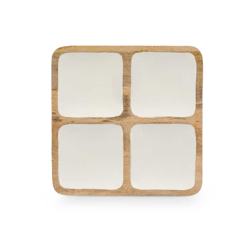 VASSOIO QUADRATO 4 SPAZI LEGNO MANICO BIANCO