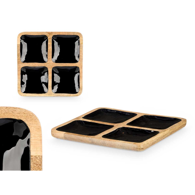 SQUARED TRAY WOOD HANDLE 4 SPACES BLACK