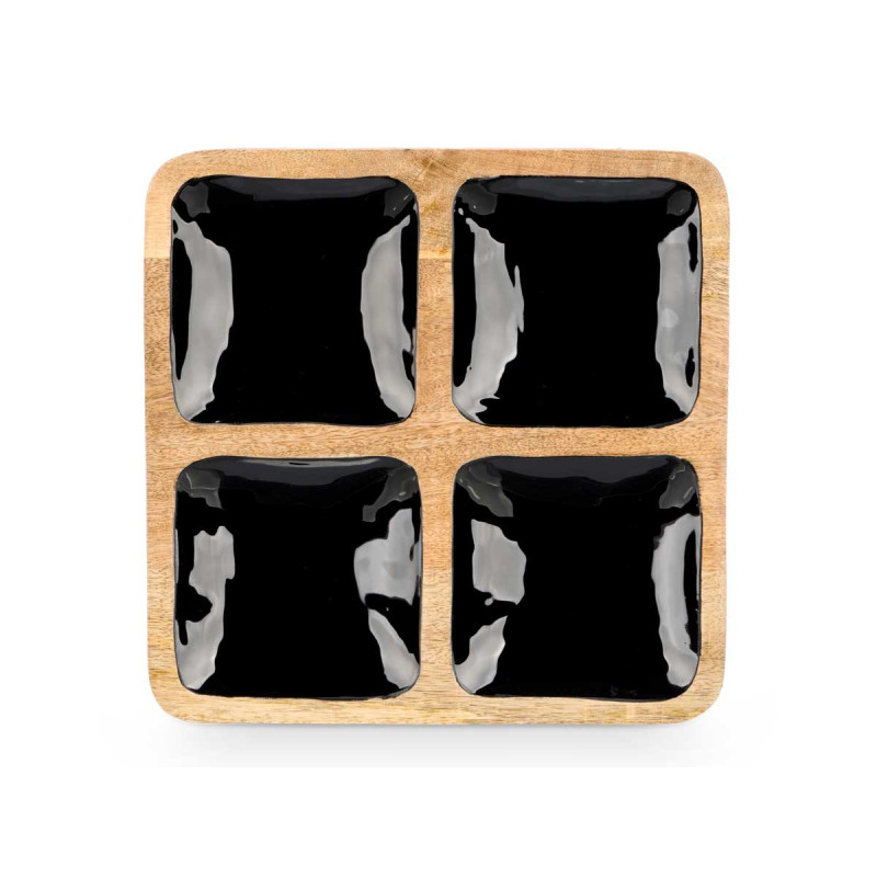 SQUARED TRAY WOOD HANDLE 4 SPACES BLACK