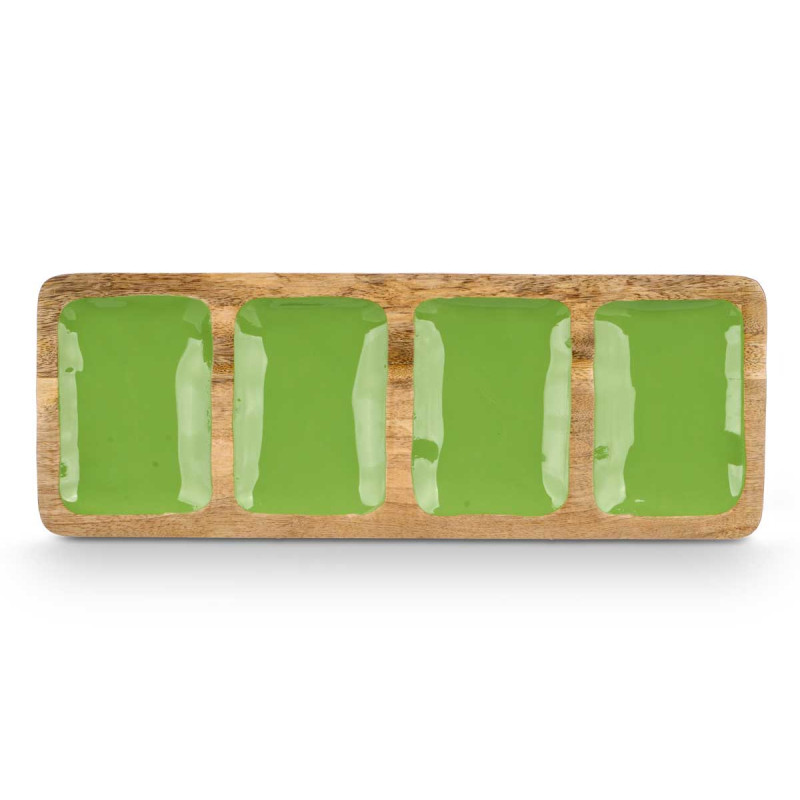 RECTANGUAR TRAY WOOD HANDLE 4 SPACES GREEN