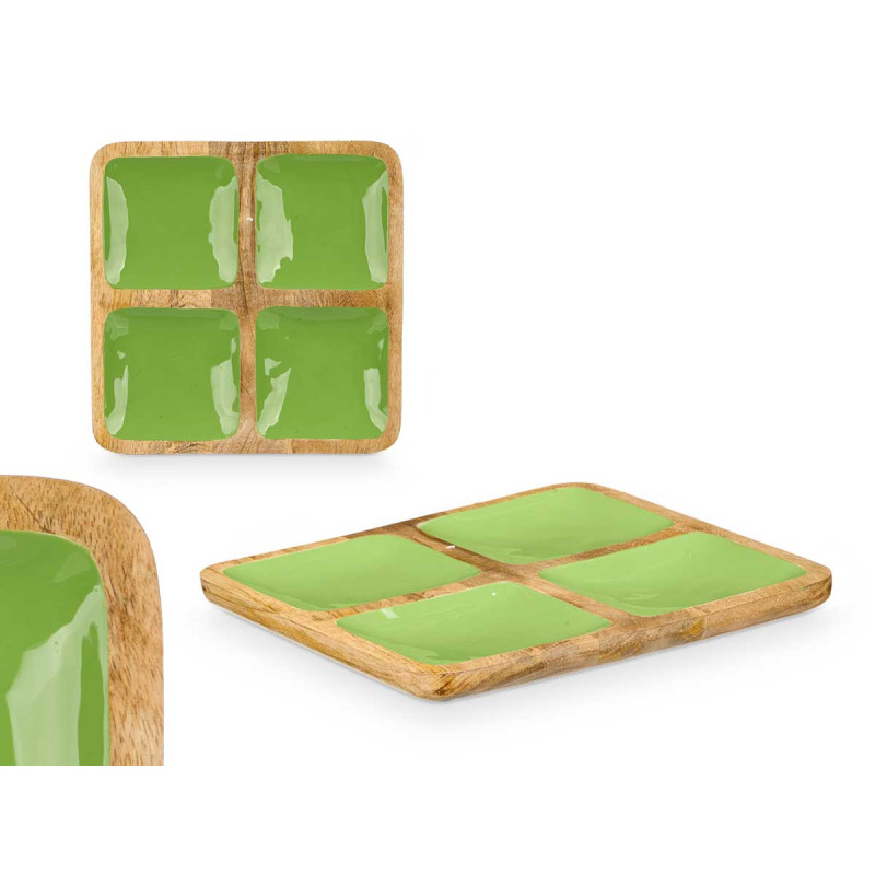 SQUARED TRAY WOOD HANDLE 4 SPACES GREEN