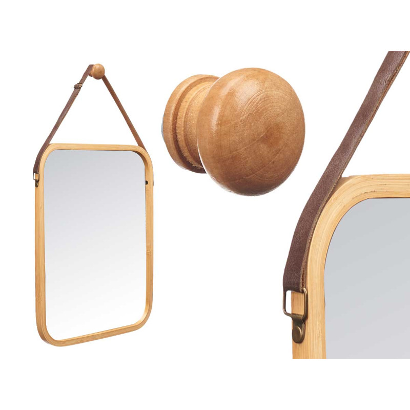 RECTANGULAR BAMBOO MIRROR 41X33CM LEATHER STRAP