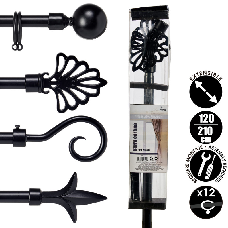 BARRE A RIDEAU NOIR 120-210CM ASS 4 POIN