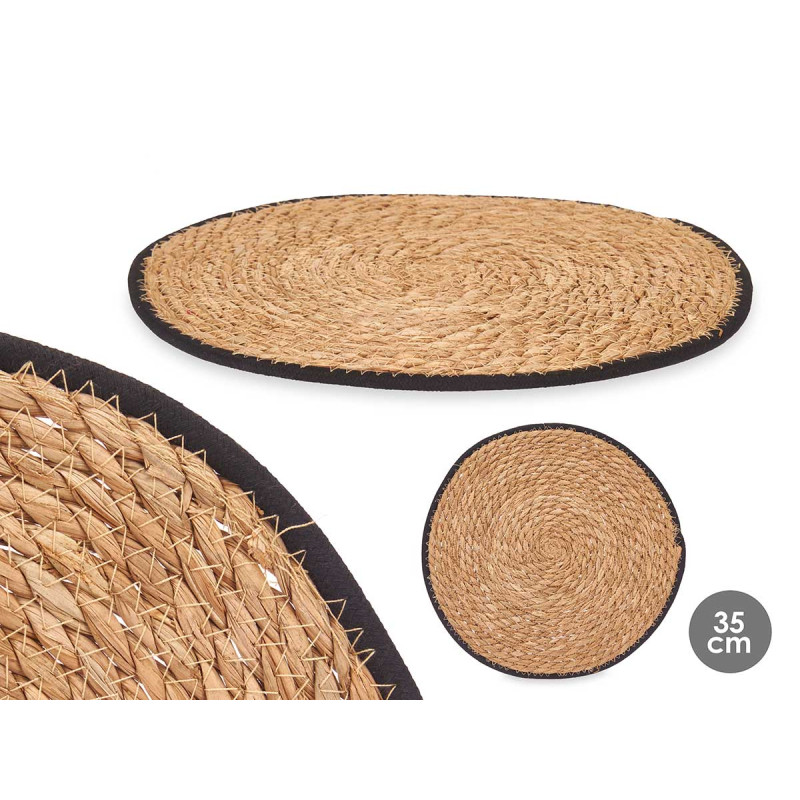 ESPARTO TABLE MAT BLACK FABRIC EDGE 35CM