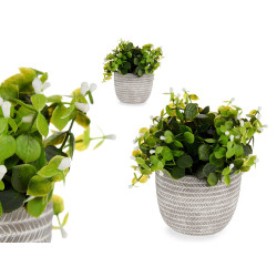 PLANTA VERDE FLOR BRANCA COM VASO CINZENTO 