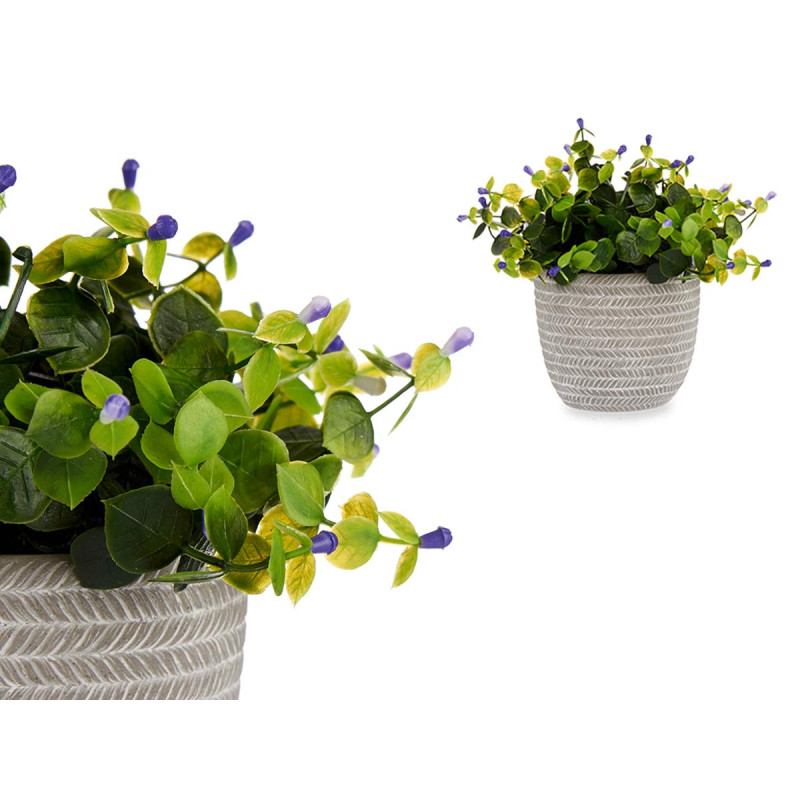 PLANTA VERDE FLOR LILÁS COM VASO CINZENTO 