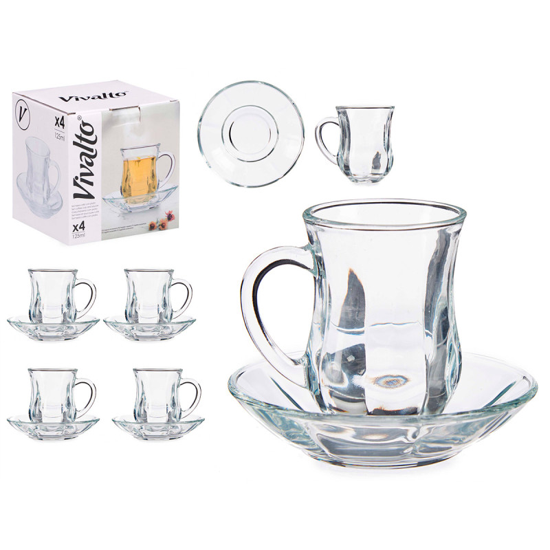 SET 4 PLAIN GLASS MUGS WITH PLATE 125ML