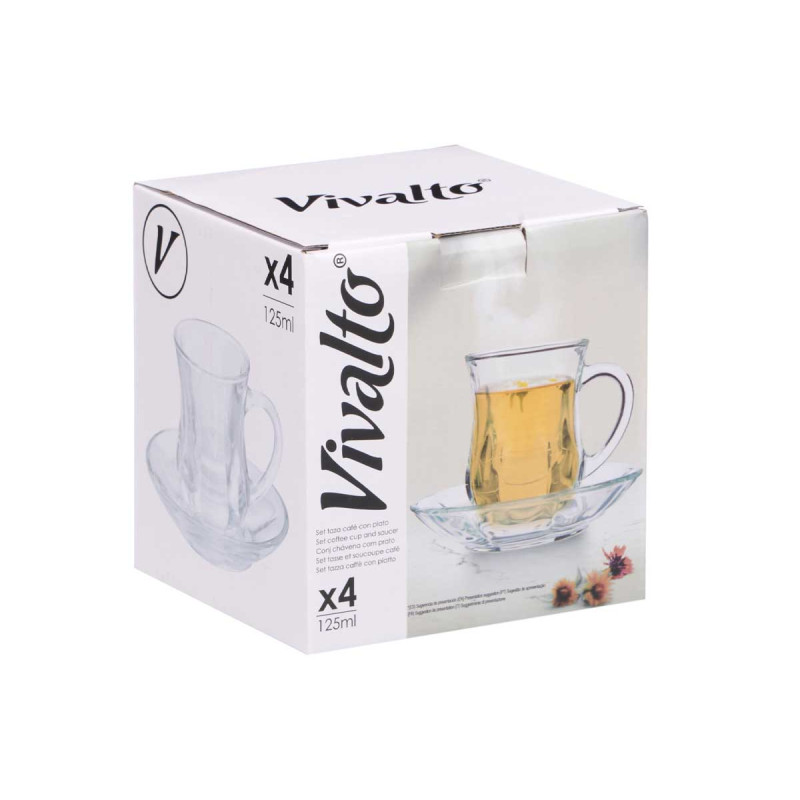 SET 4 PLAIN GLASS MUGS WITH PLATE 125ML