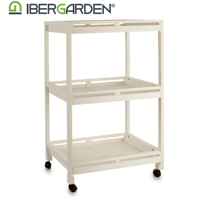 CARRO MADERA 3 ESTANTES 4 RUEDAS BLANCO