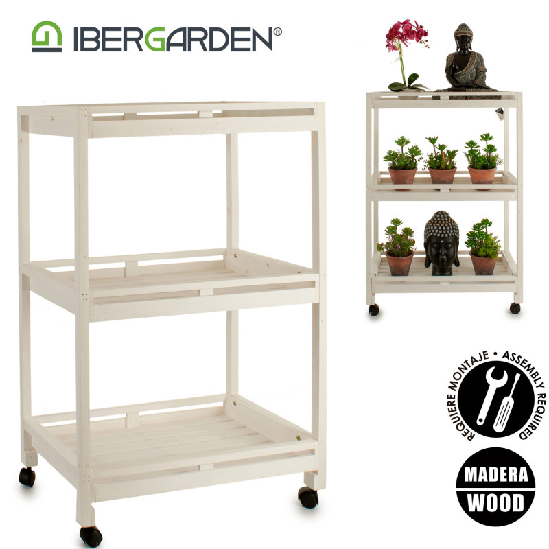 CARRO MADERA 3 ESTANTES 4 RUEDAS BLANCO
