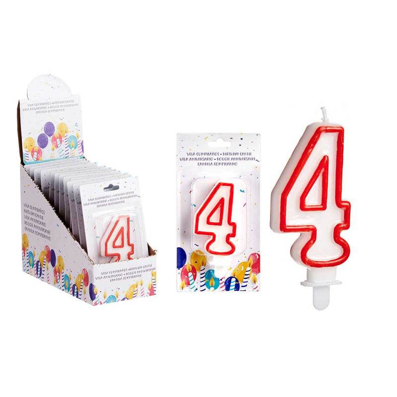BOUGIE ANNIVERSAIRE NUM 4 BLANC BORD ROU