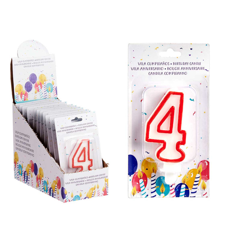 BOUGIE ANNIVERSAIRE NUM 4 BLANC BORD ROU