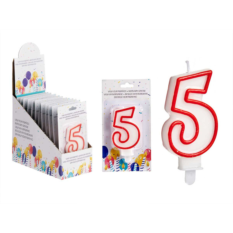 BOUGIE ANNIVERSAIRE NUM 5 BLANC BORD ROU
