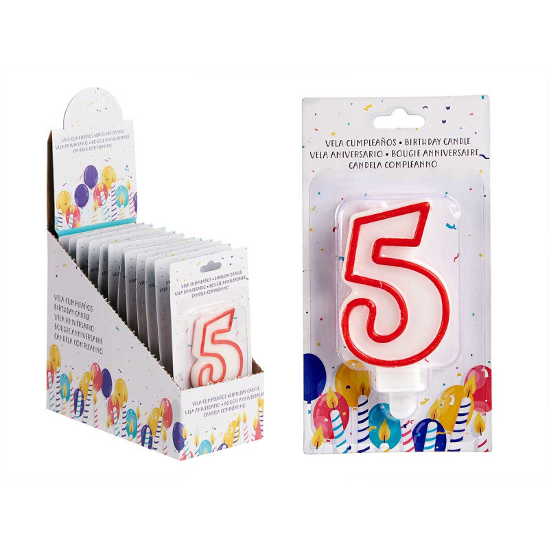BOUGIE ANNIVERSAIRE NUM 5 BLANC BORD ROU