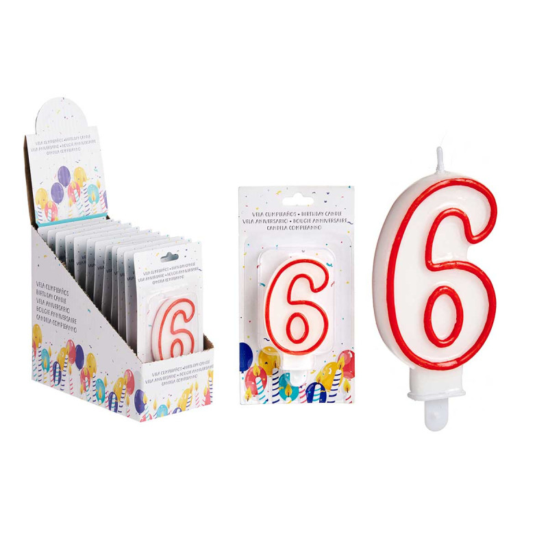 BOUGIE ANNIVERSAIRE NUM 6 BLANC BORD ROU
