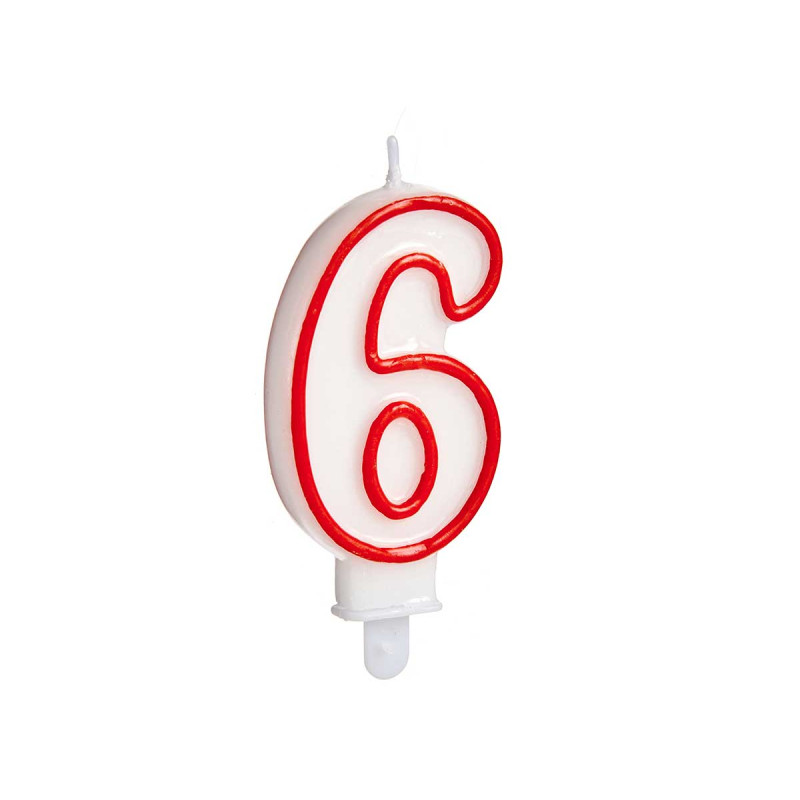 BOUGIE ANNIVERSAIRE NUM 6 BLANC BORD ROU