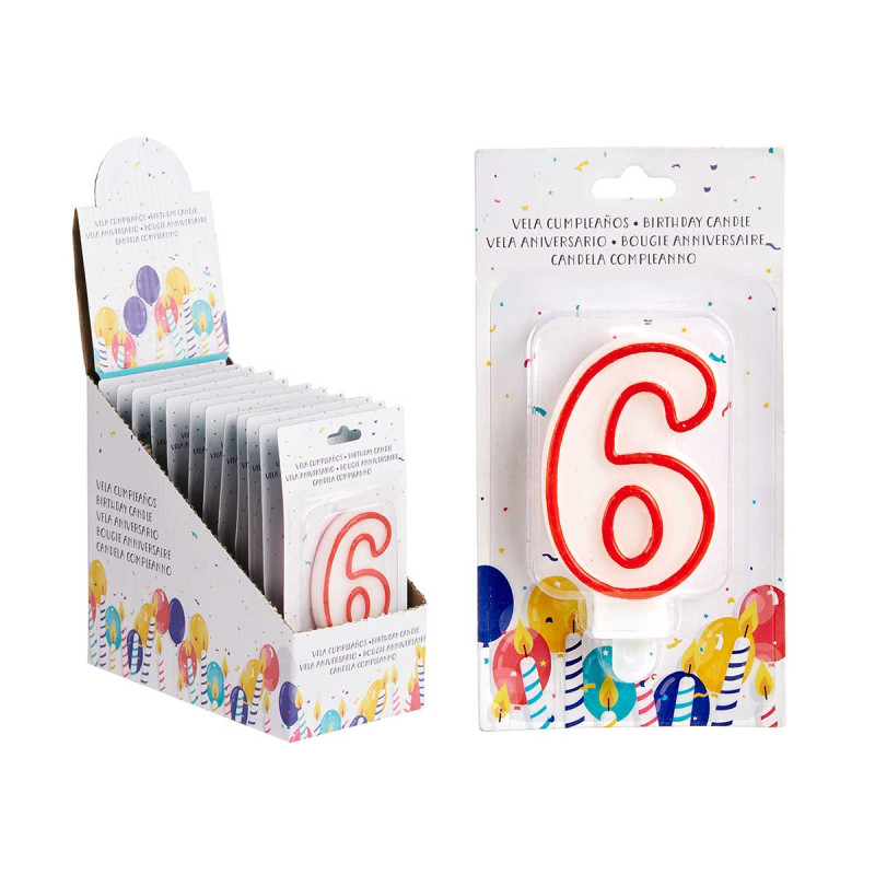BOUGIE ANNIVERSAIRE NUM 6 BLANC BORD ROU