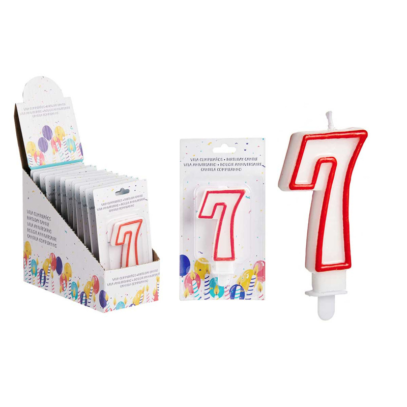 BIRTHDAY CANDLE NUM 7 WHITE RED EDGE