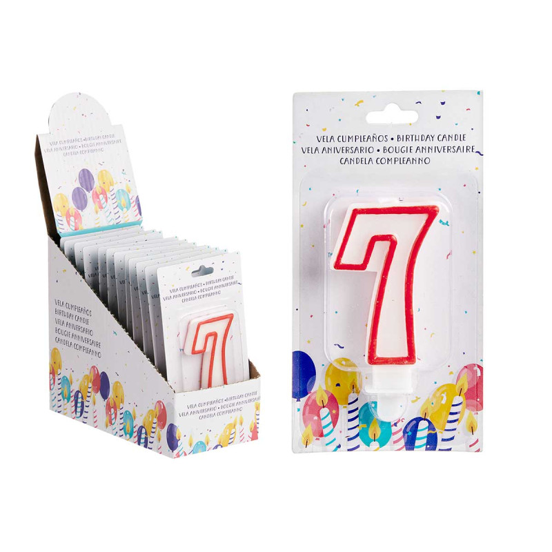 BIRTHDAY CANDLE NUM 7 WHITE RED EDGE