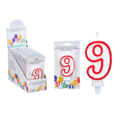 BIRTHDAY CANDLE NUM 9 WHITE RED EDGE