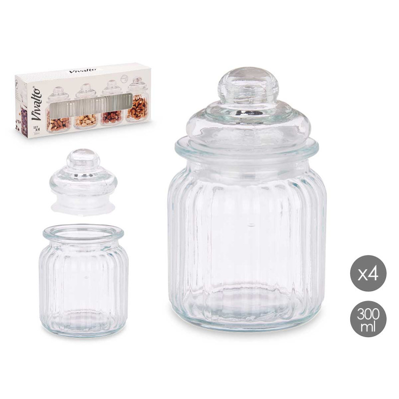 SET 4 BARATTOLO TAPPO VETRO RIGATO 300ML
