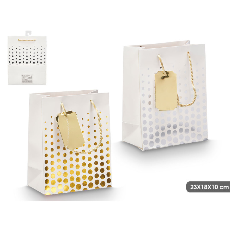 SACO PRESENTE PONTOS DOURADO PRATEADO 23X18X10CM