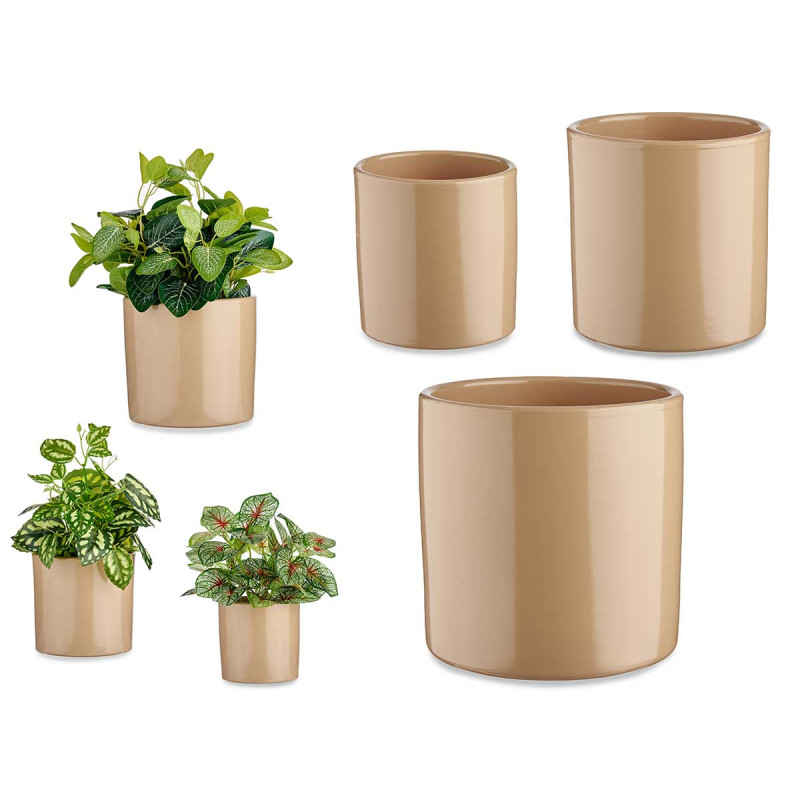 CONJ 3 VASOS CERÂMICA CILINDRICOS 14-17-22CM BEGE 