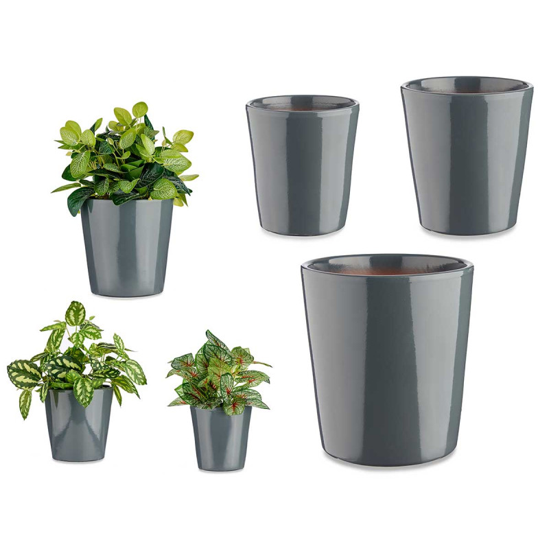 SET 3 POTS DE FLEURS CERAMIQUE CONIQUE ANTHRACITE