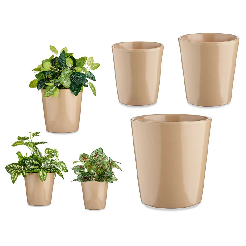 CONJ 3 VASOS CERÂMICA CONICOS 14-17-22CM BEGE 