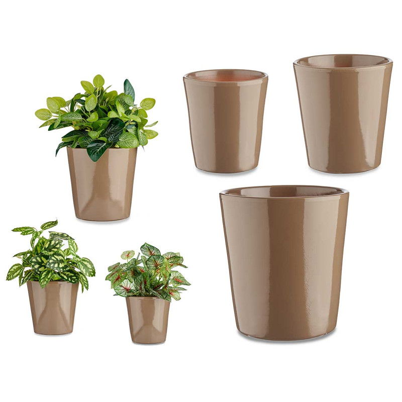 TAUPE 14-17-22CM CONICAL CERAMIC POTS SET 3 