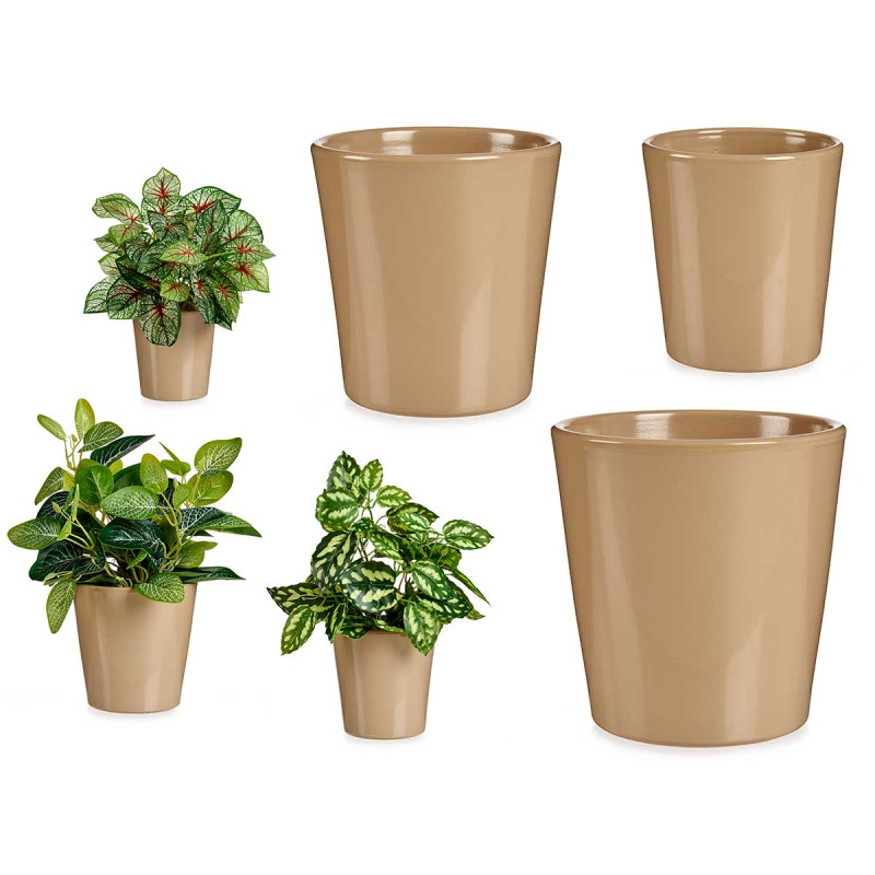 SET 3 11-14-17CM CONICAL BEGE CERAMIC POTS 