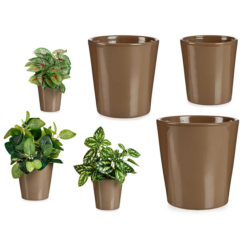 SET 3 11-14-17CM CONICAL TAUPE CERAMIC POTS 