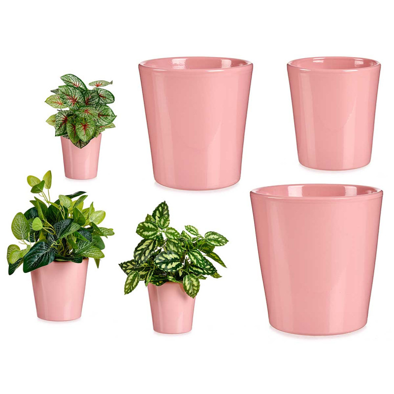 SET 3 11-14-17CM CONICAL PINK CERAMIC POTS 