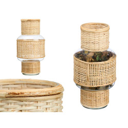 SUPORTE VELA VIDRO E RATTAN