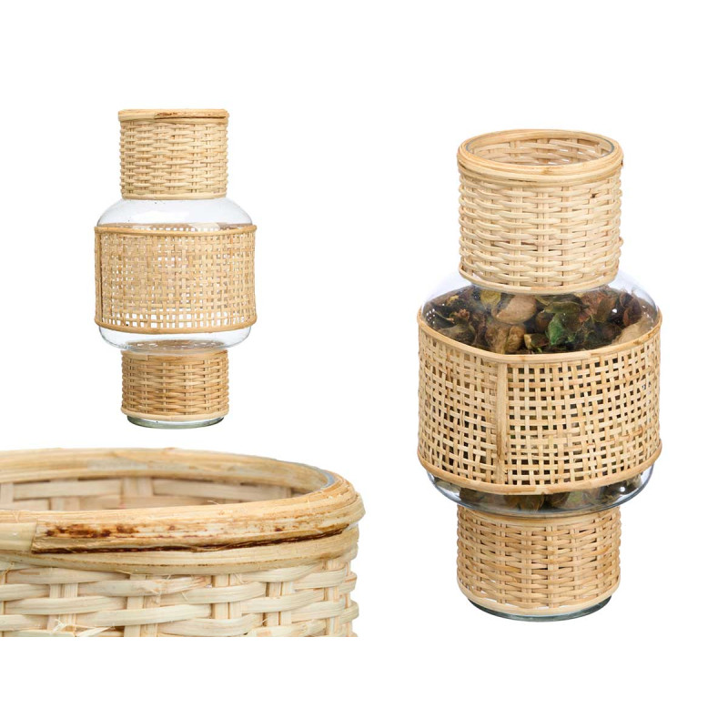 SUPORTE VELA VIDRO E RATTAN