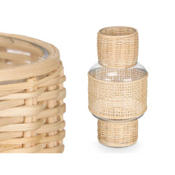SUPORTE VELA VIDRO E RATTAN