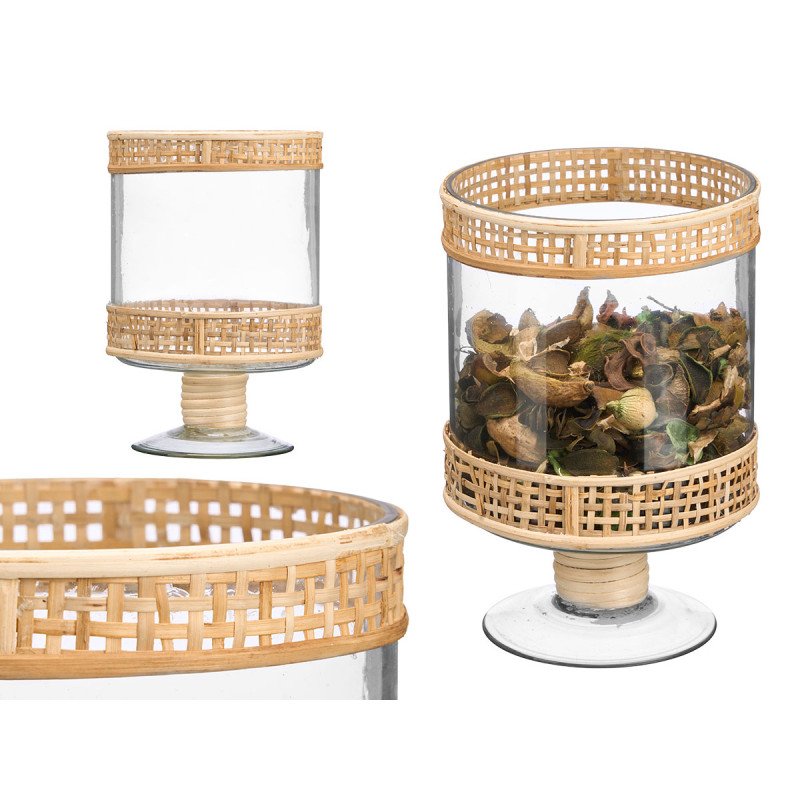 SUPORTE VELA CILINDRICO VIDRO E RATTAN