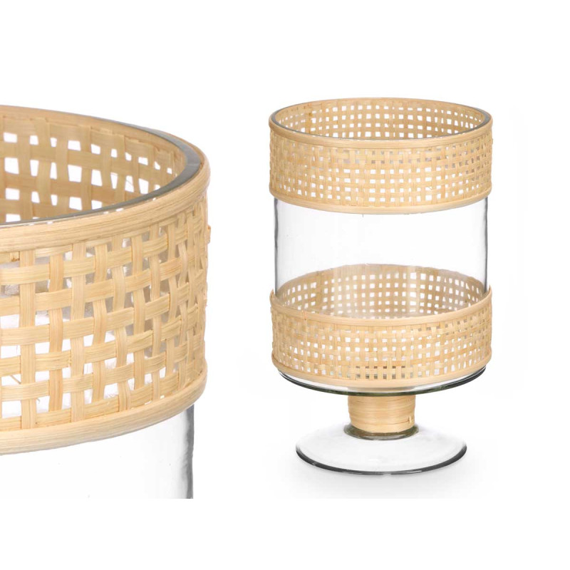 SUPORTE VELA CILINDRICO VIDRO E RATTAN