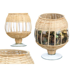 BOUGEOIR COUPE EN VERRE ET ROTIN 