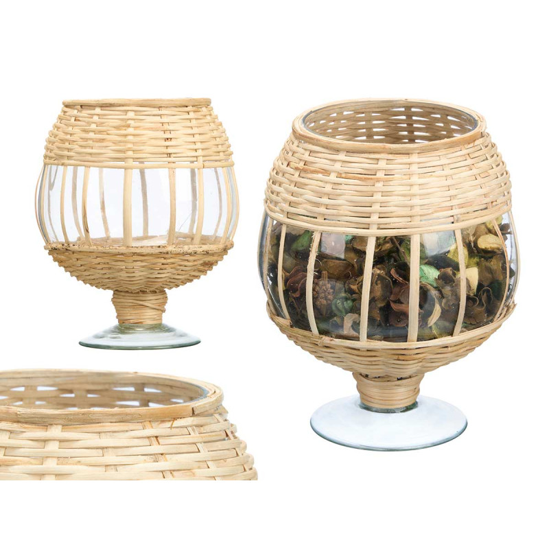SUPORTE VELA VIDRO E RATTAN