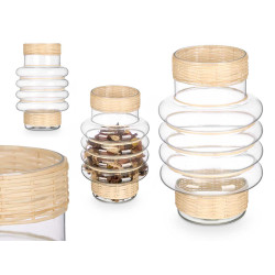 BOUGEOIR ANNEAUX EN VERRE ET ROTIN 